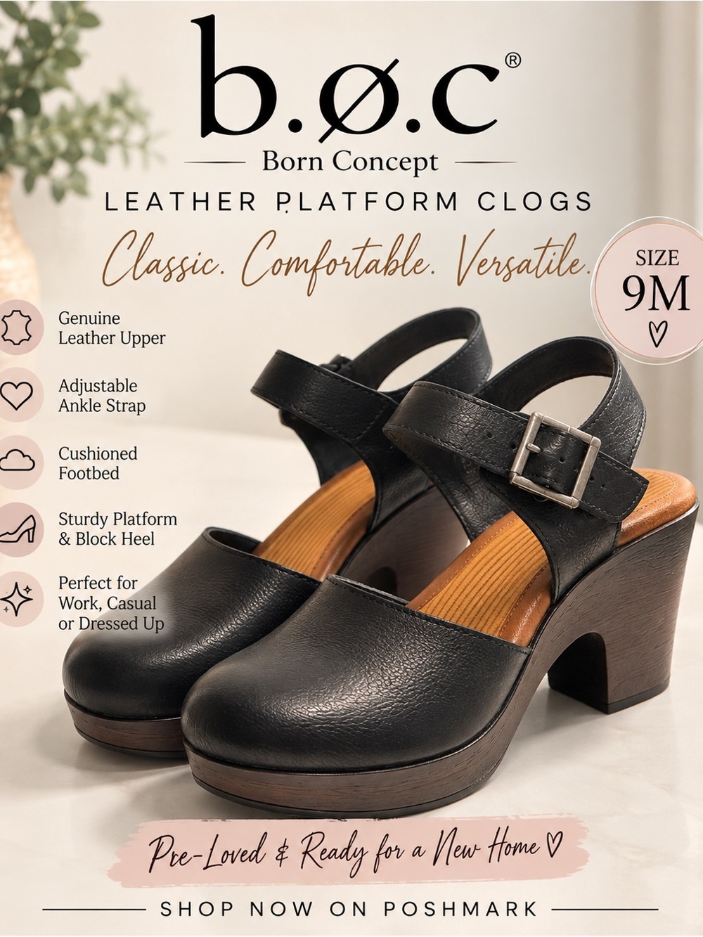 b.o.c Black Leather Platform Clog Heels with Ankle Strap